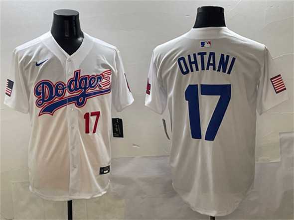 Men%27s Los Angeles Dodgers #17 Shohei Ohtani White With American Flag Patch Limited Stitched Jersey